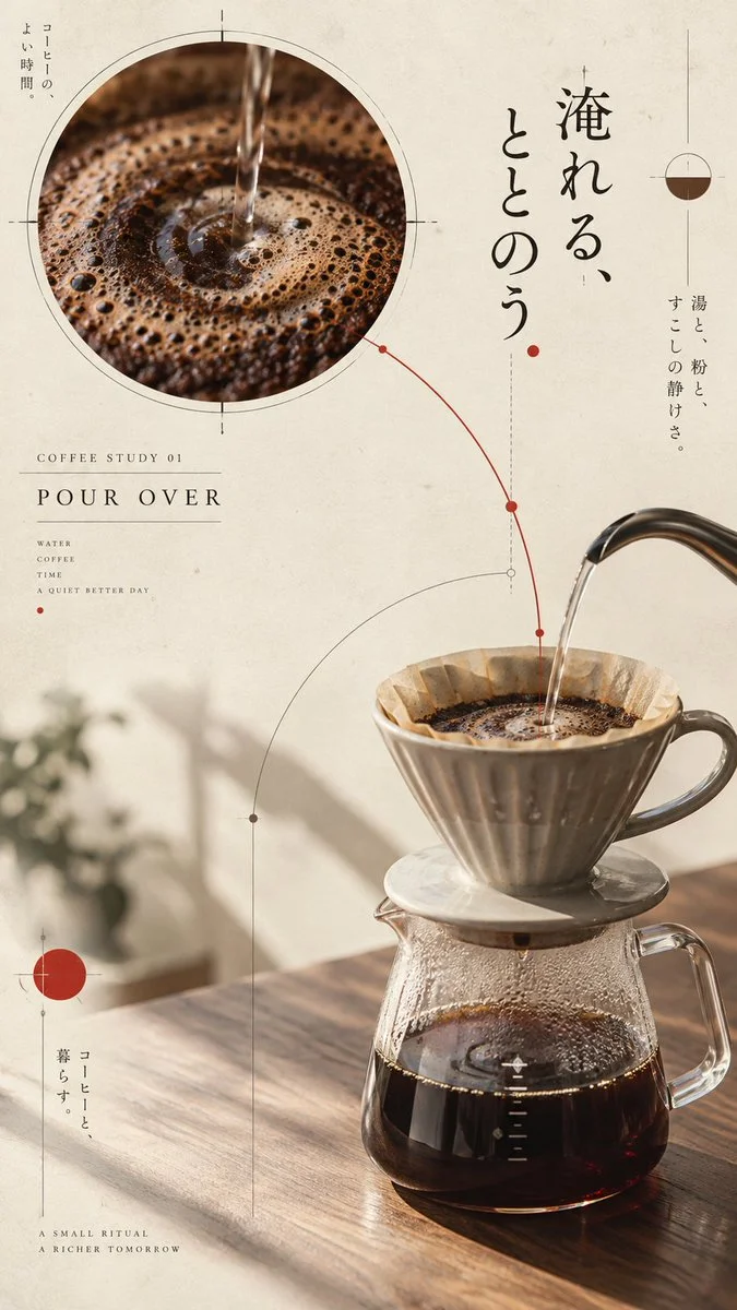 Ceramic Pour Over Coffee Rendered in Japanese Editorial Poster Style