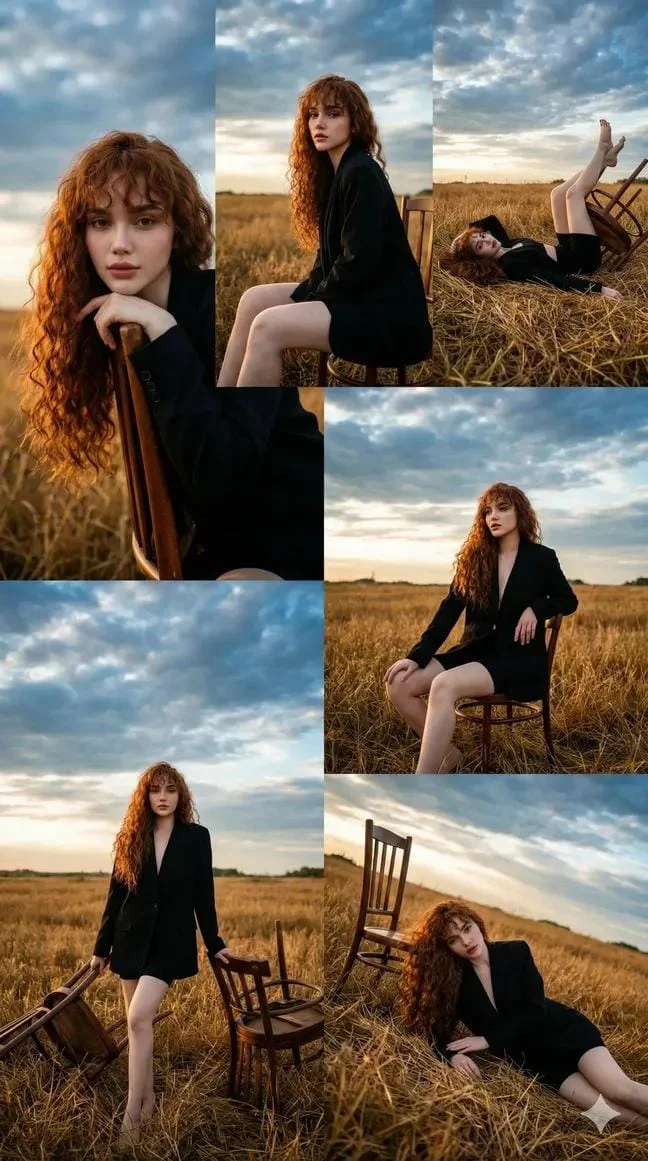 Chairs in the Golden Hour: A Fashionable Meadow Collage