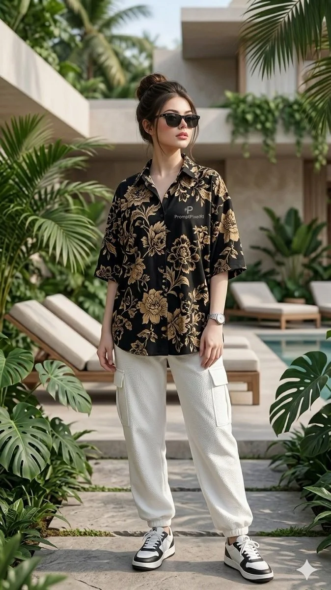 Character in floral shirt poses confidently amid lush resort foliage.