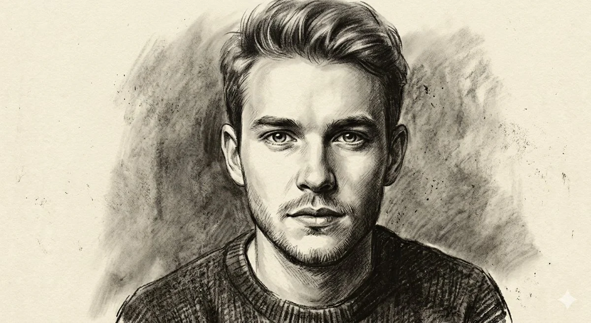 Charcoal Dual Portrait: Contrasting Gazes on Textured Paper