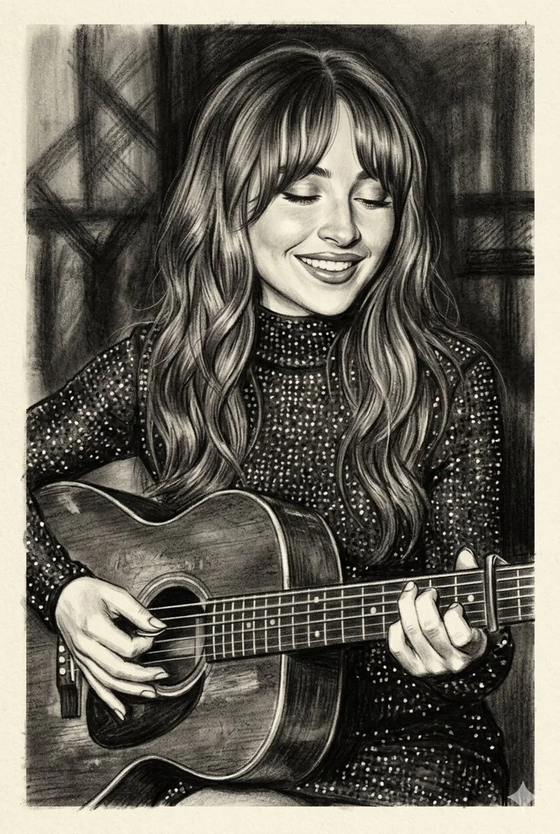 Charcoal Portrait of Guitarist in Sequined Dress