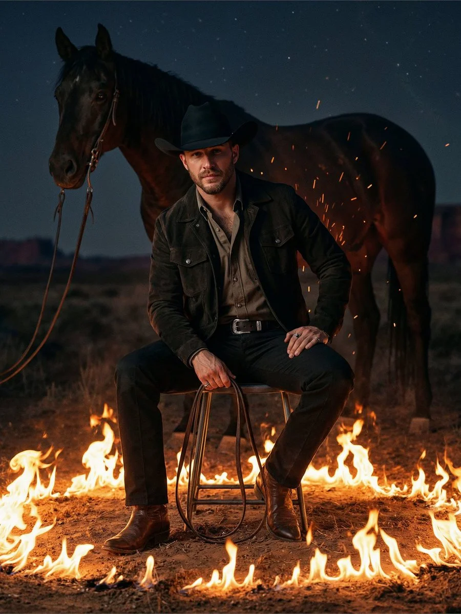 Charismatic Cowboy in a Fiery Nightscape