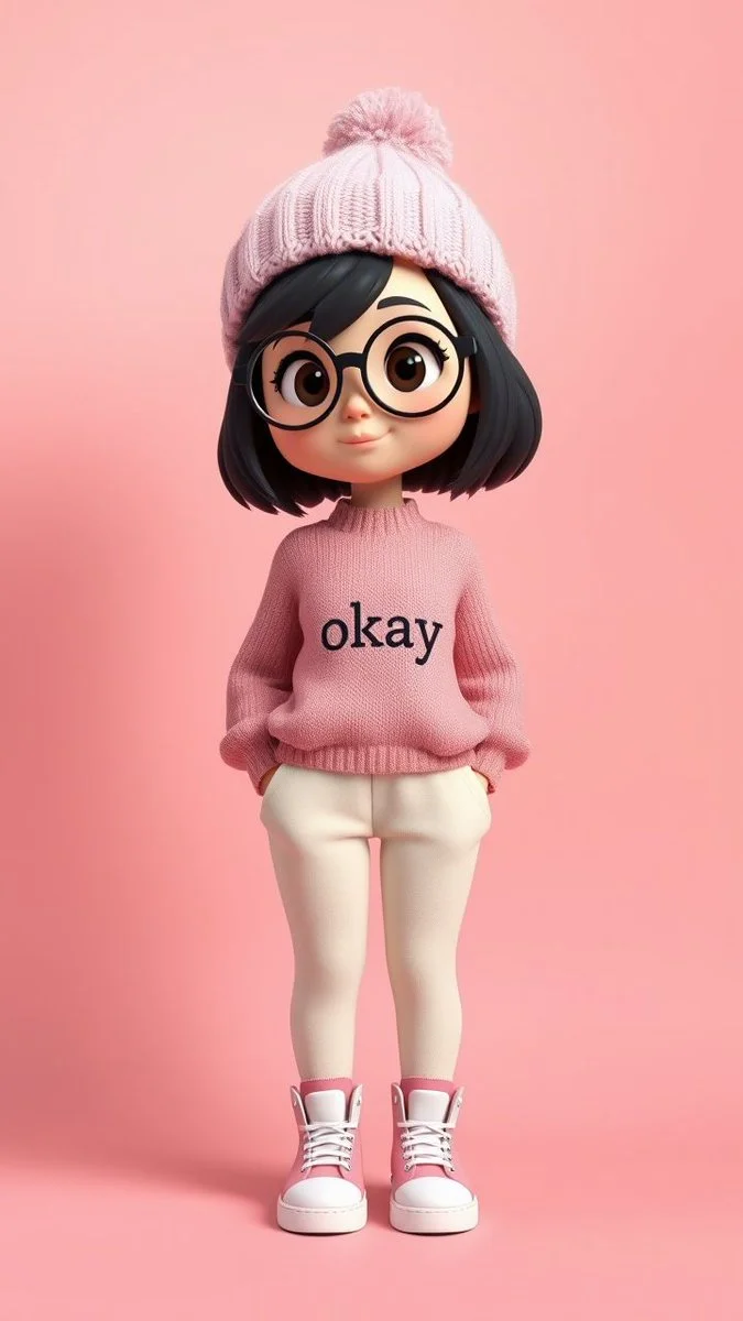 Charming 3D Cartoon Girl in Cozy Pastels with 'Okay' Sweater