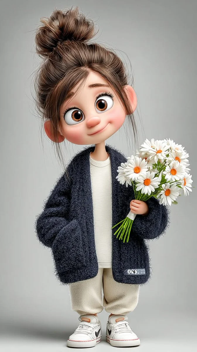 Charming 3D Cartoon Girl with Daisies