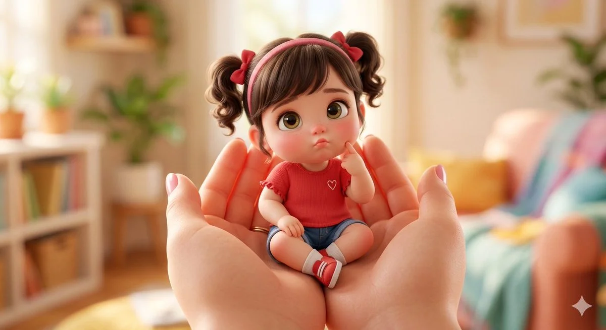 Charming 3D Chibi Girl Cradled in Gentle Hands