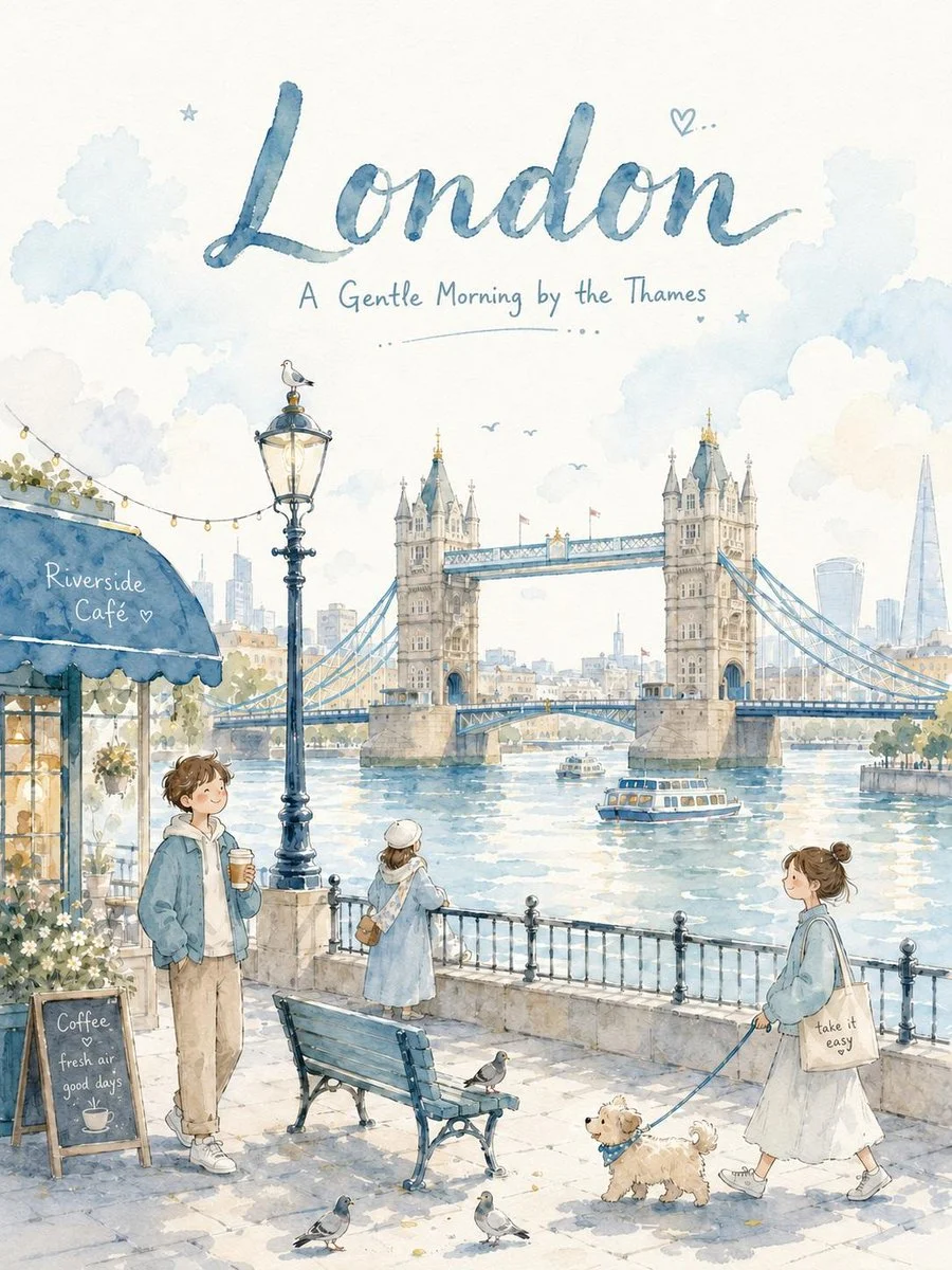 Charming Parisian canal glows with soft blue watercolor light
