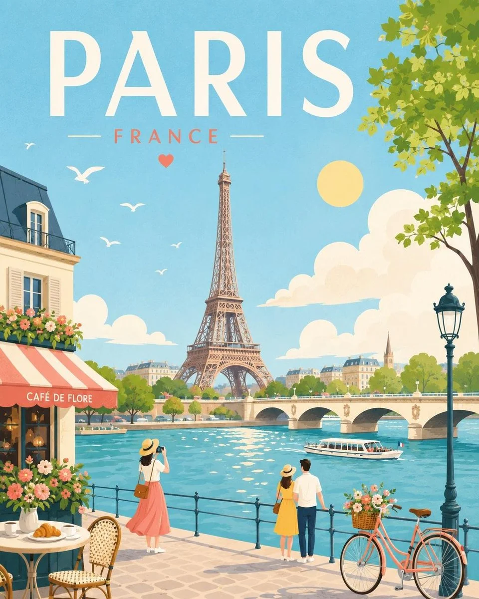 Charming Parisian street café glows under a sunny sky