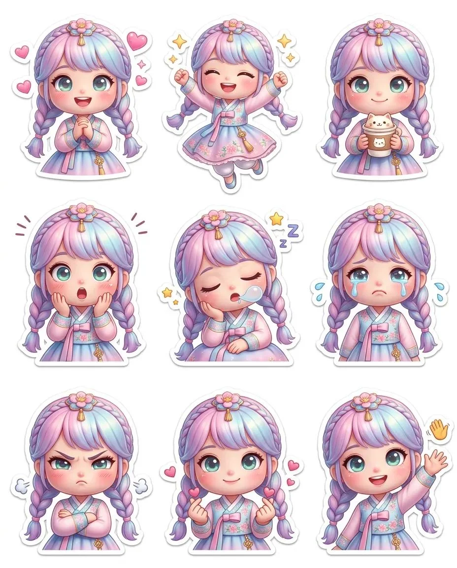Charming Pixar-Style Chibi Doll Stickers in Pastel Outfits