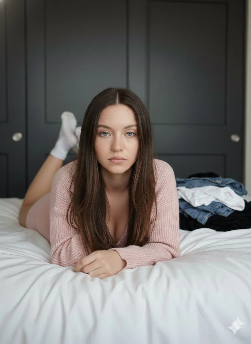 Charming Serenity: Sydney Sweeney in a Bedroom Dream