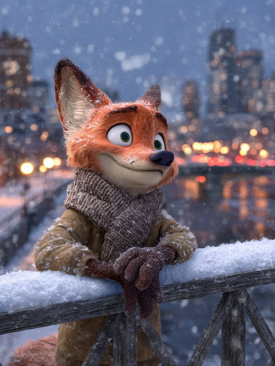 Charming Twilight: A Fox's Cozy Winter Stroll