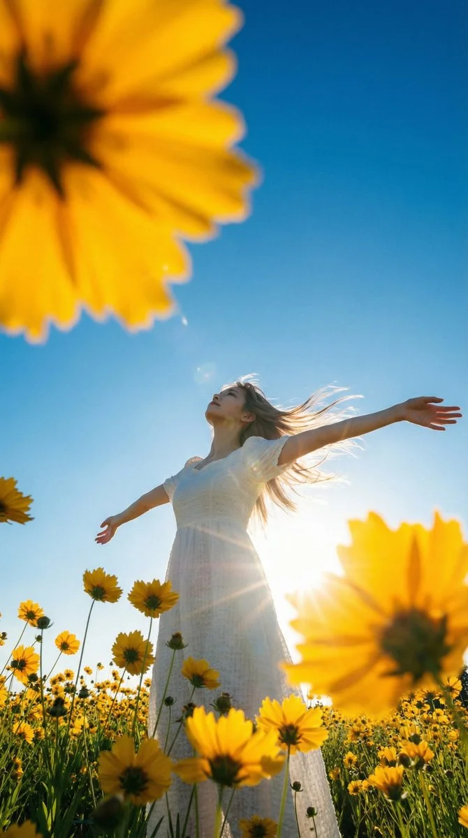 Chasing Sunlight: A Dance in a Floral Dreamscape