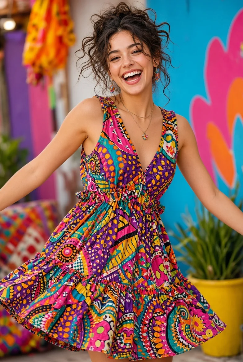 Cheerful Curly-Haired Woman in Playful Updo Radiates Pure Happiness