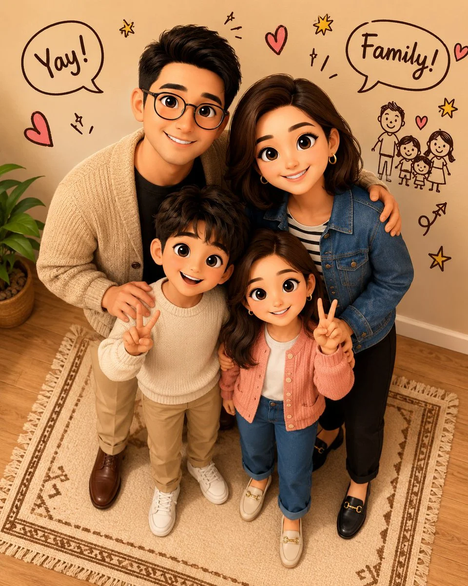 Cheerful family portrait in cozy indoor setting with playful doodles
