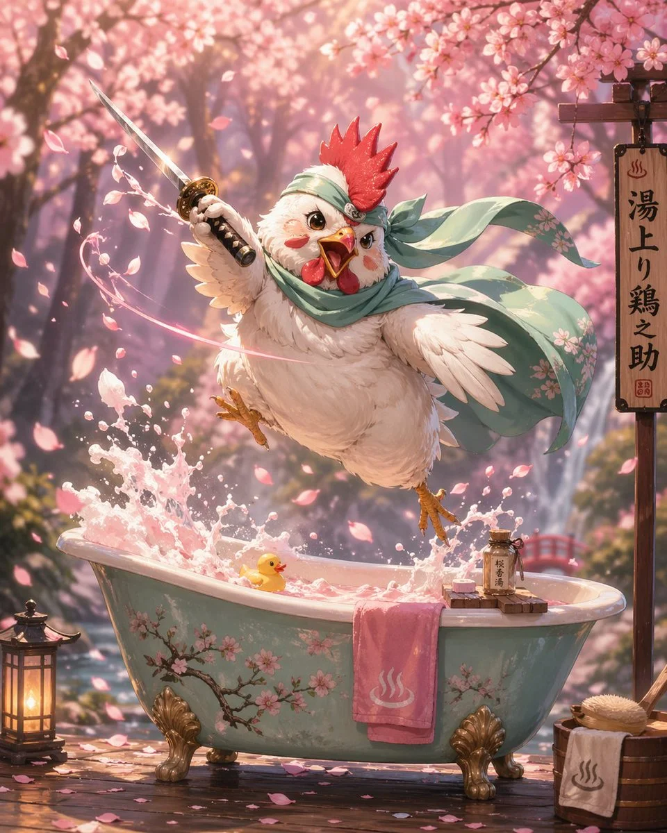 Cherry Blossom Ninja Chicken in Pastel Forest
