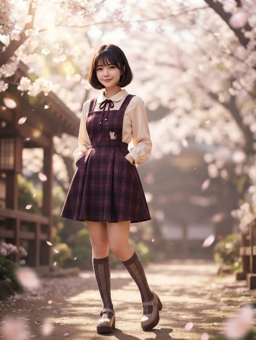 Cherry Blossom Petals Drift Around Serene Girl in Shrine Courtyard