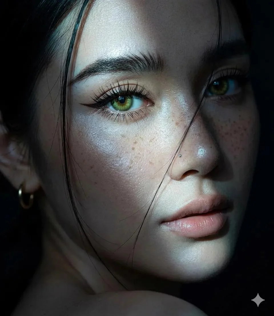 Chiaroscuro Portrait of a Woman with Piercing Green Eyes