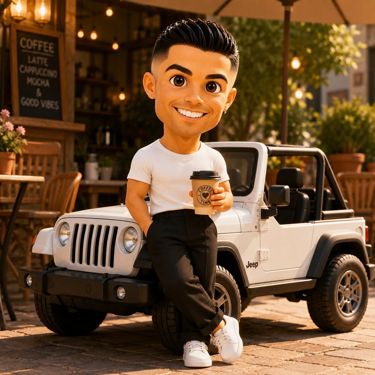 Chibi character leans against a mini Jeep in a sunny café courtyard