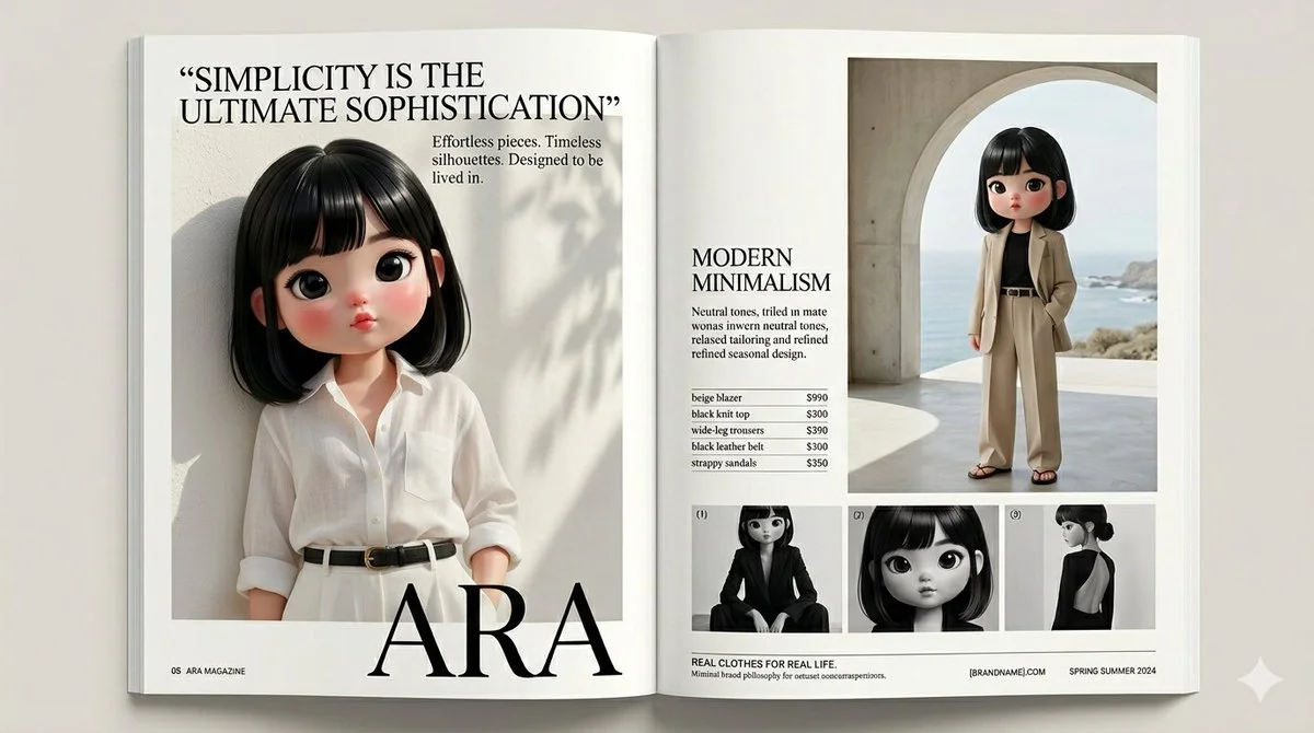 Chibi doll poses in sunlit linen against minimalist luxury backdrop