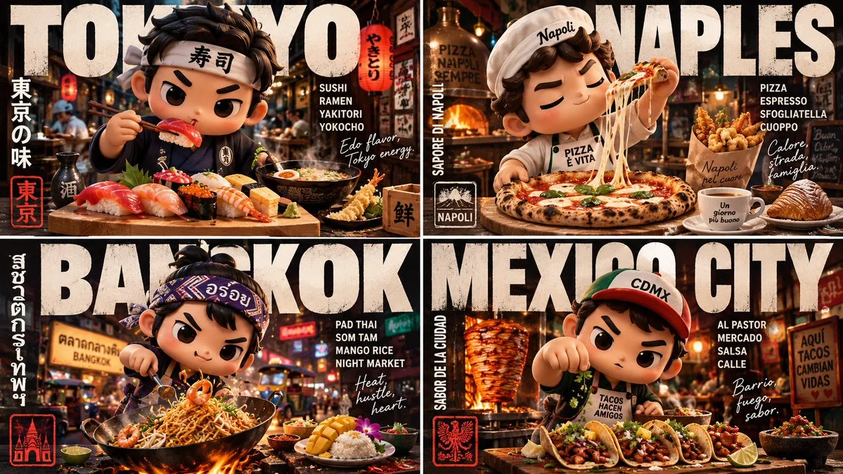 Chibi Food Mascot Grid Brings Four Cities to Life