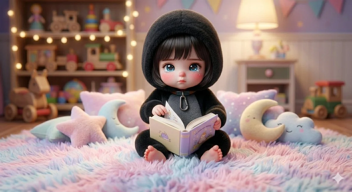 Chibi Girl in Penguin Onesie Tossing Plush Toys Amid Cozy Playroom