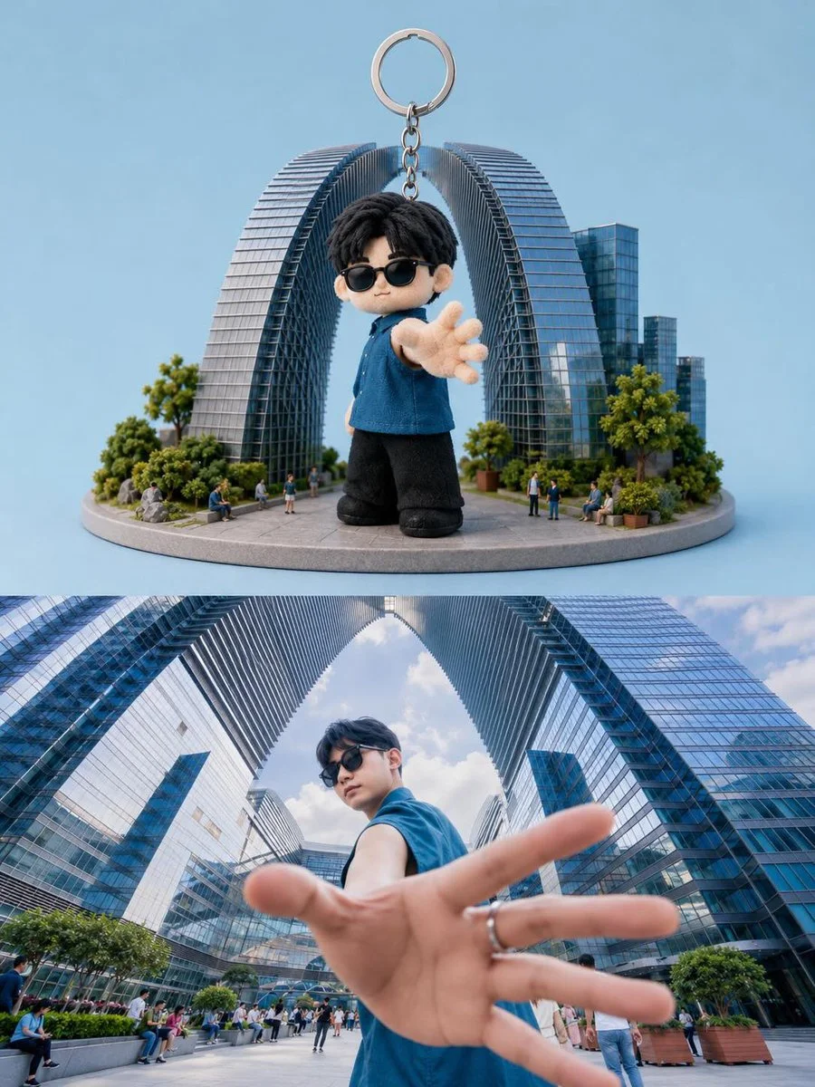 Chibi keychain figure reaches out from tiny city platform