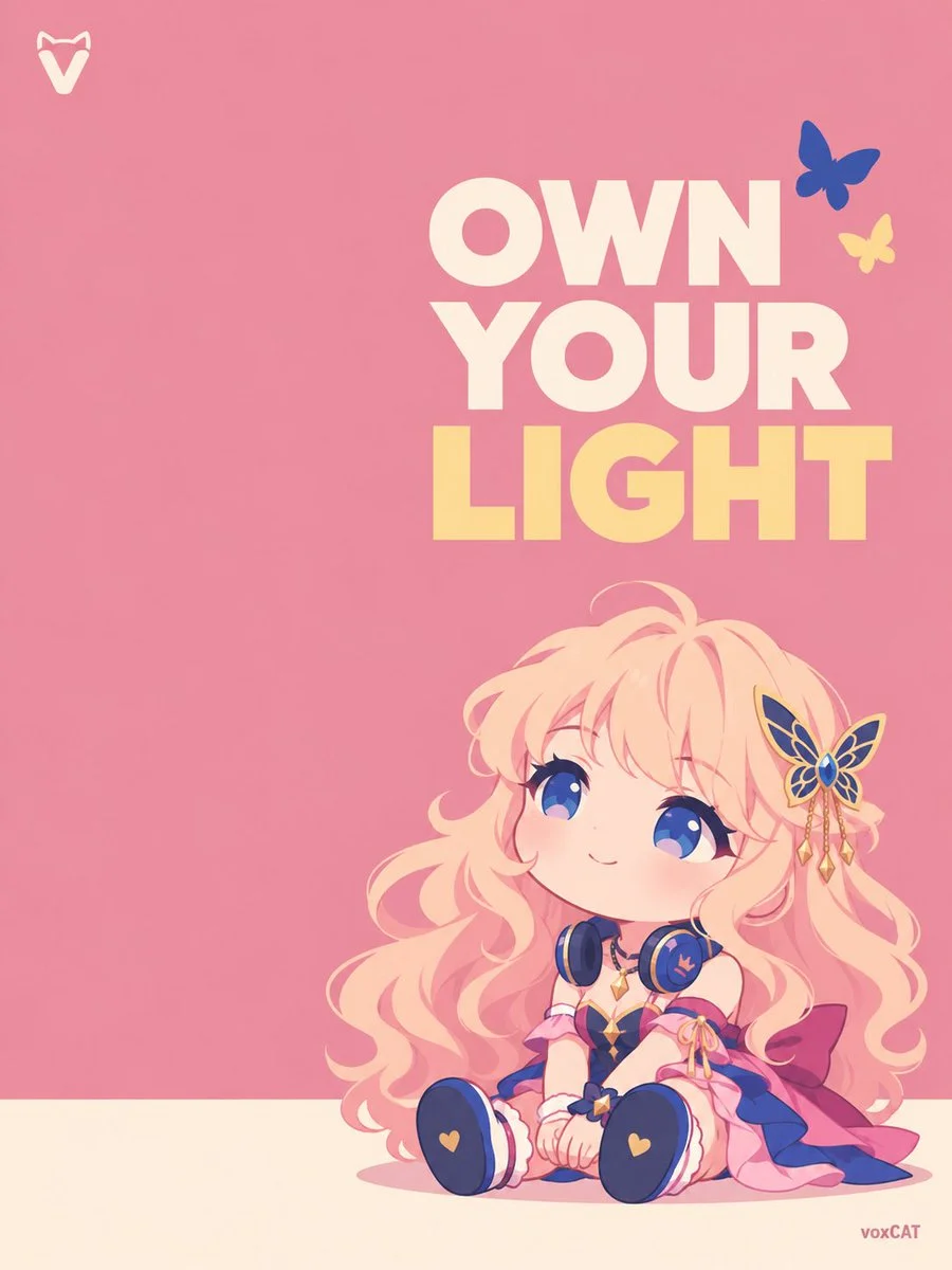 Chibi mascot sits relaxed in minimal text poster with soft retro colors