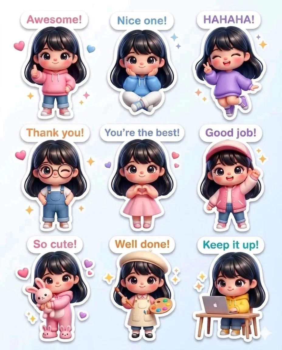 Chibi Sticker Sheet with Playful Poses