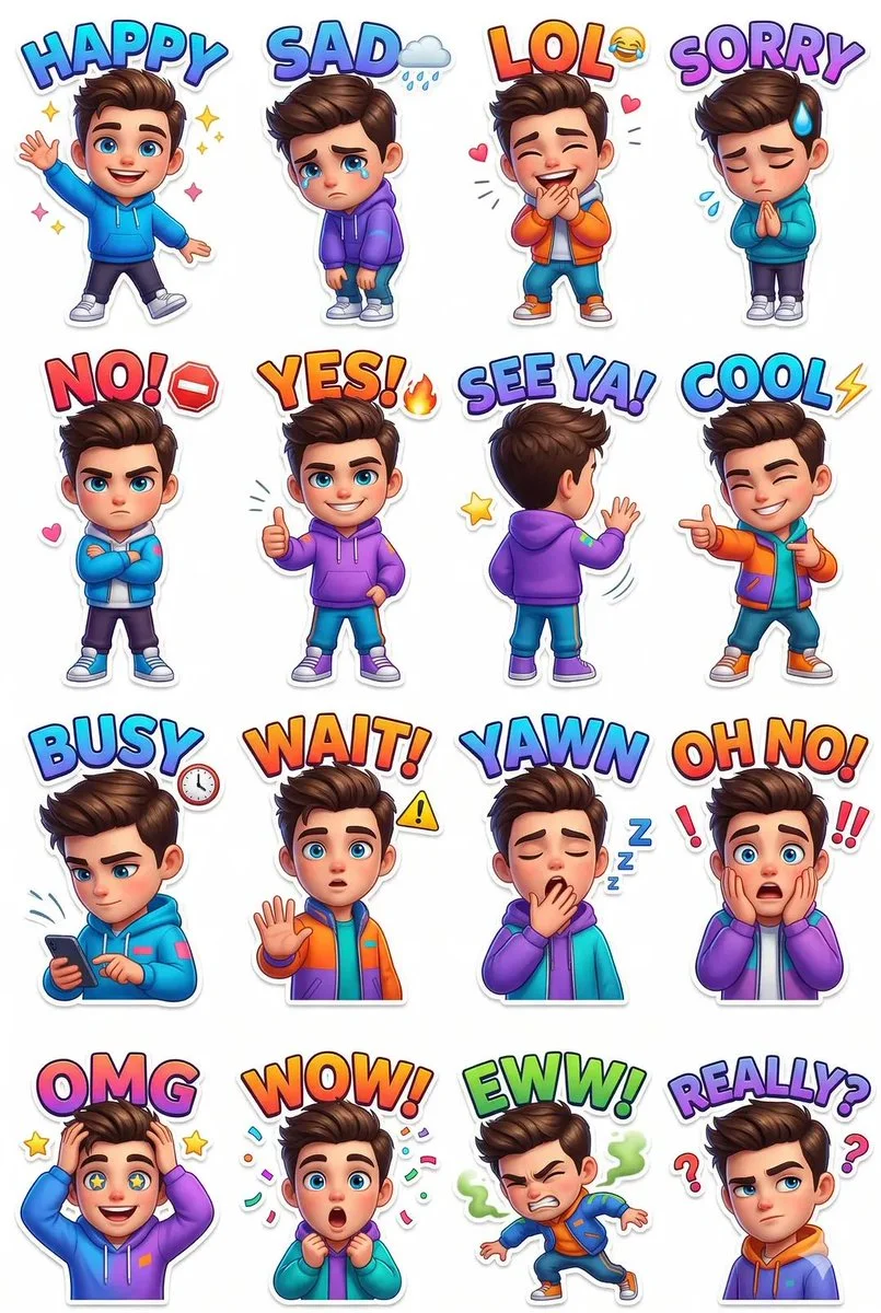Chibi Streetwear Emoji Stickers Grid with Dynamic Poses