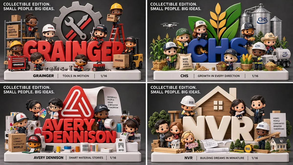 Chibi vinyl toys play among giant 3D brand letters in studio.