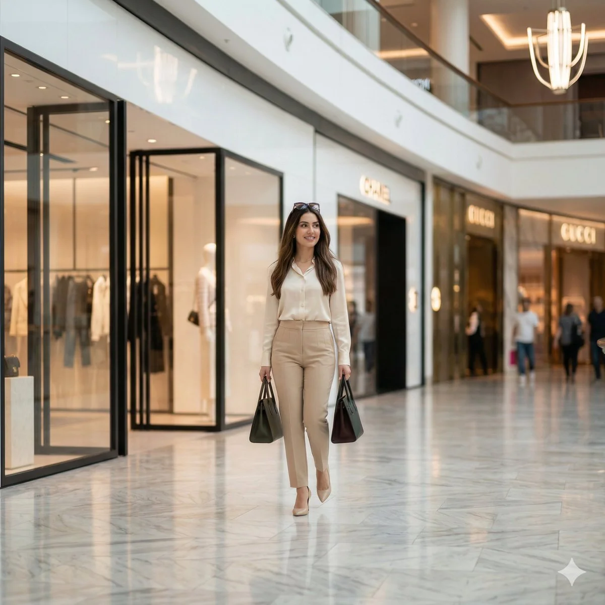Chic Confidence: Woman Strolling Through Luxury Mall