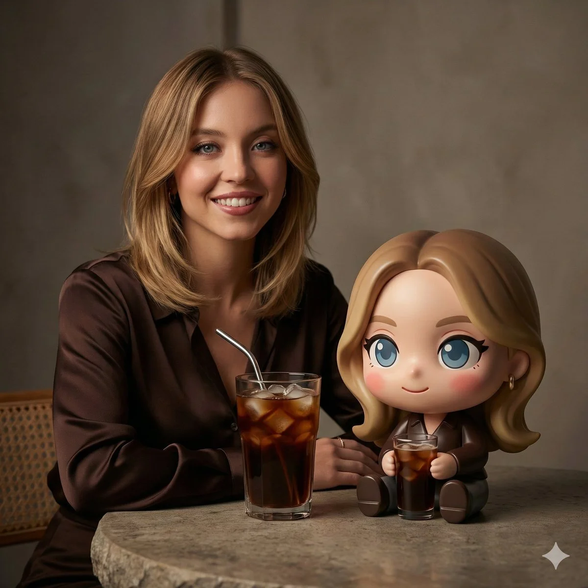 Chic Evening Café Portrait with a Whimsical Twist