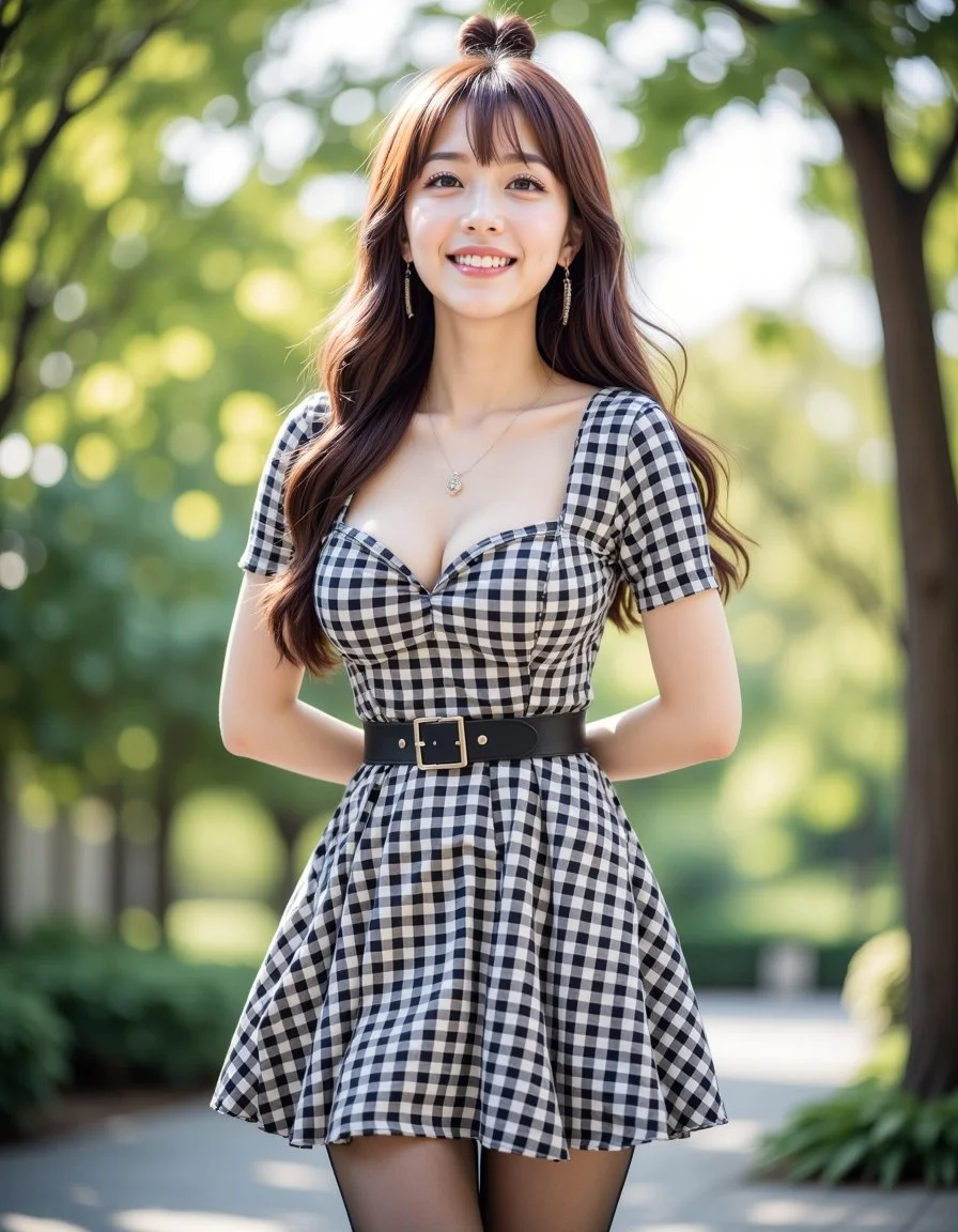 Chic Gingham Elegance in Urban Twilight