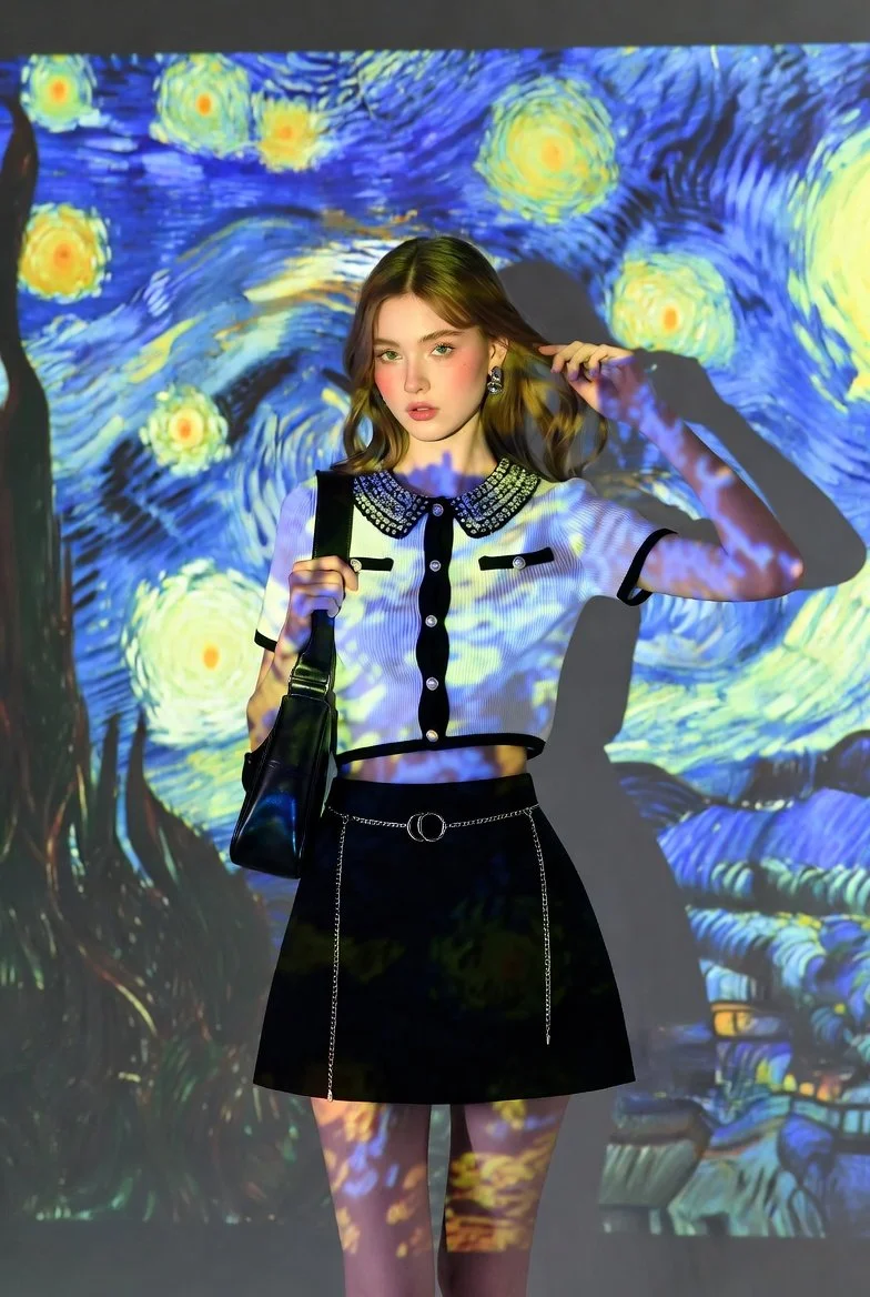 Chic Meets Art: A Modern Muse in Van Gogh's Light
