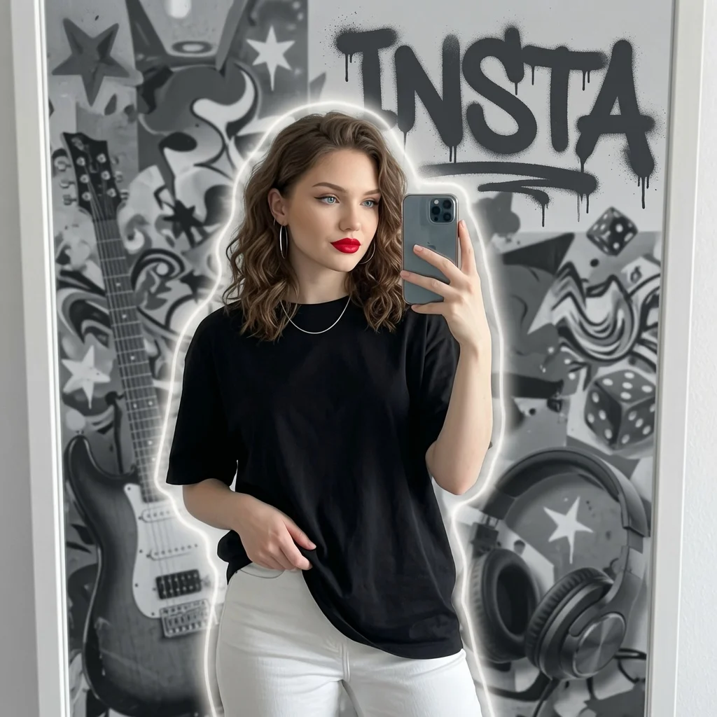 Chic Selfie of Stylish Woman in Grayscale Modern Collage