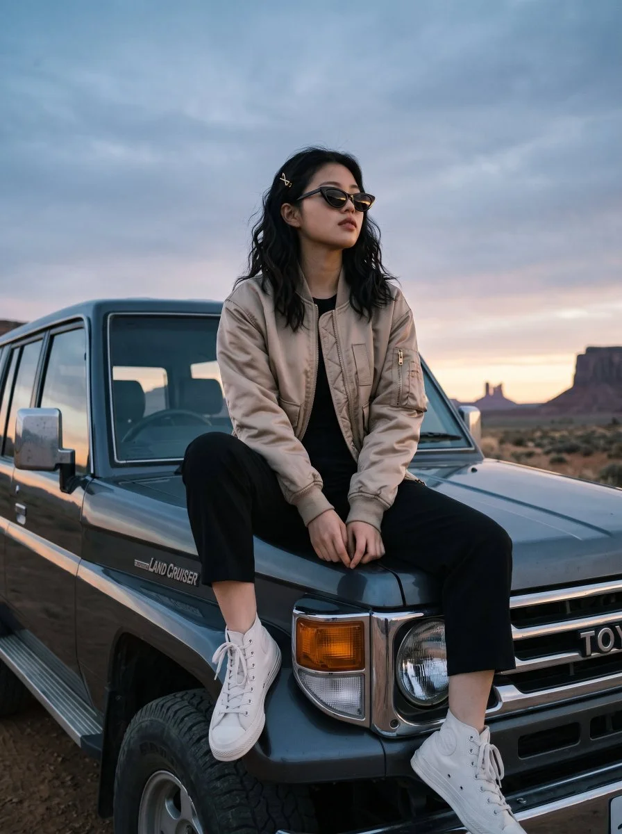 Chic Woman in Beige Bomber Jacket Sitting on Dark SUV at Dusk