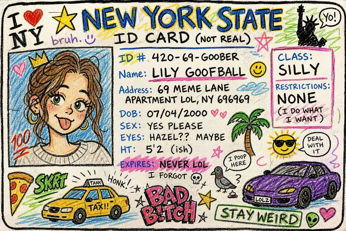 Childish crayon doodle creates a chaotic fake New York ID card