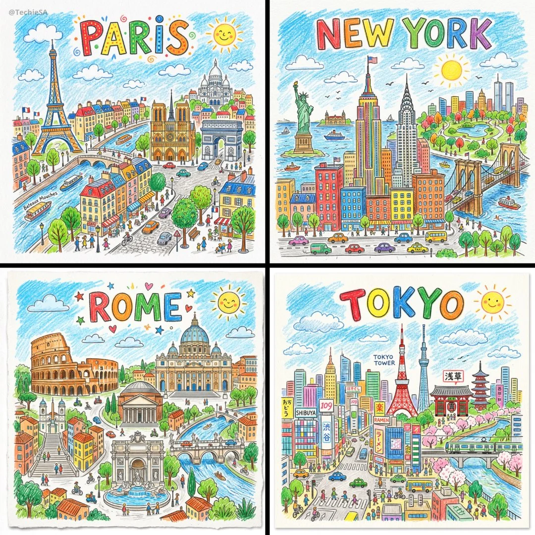 Childlike Urban Dreamscape in Crayon Vibrance