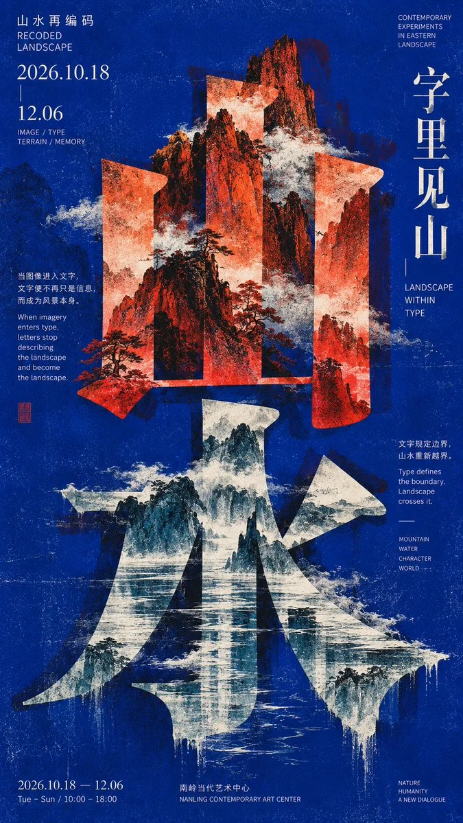 Chinese characters carve through mountain landscape in poster design
