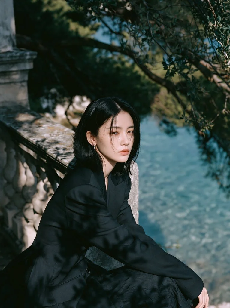 Chinese woman in black suit sits by villa terrace, gazing at sea