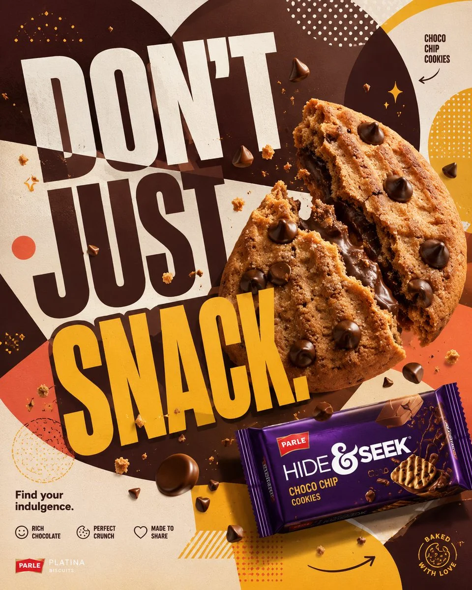 Chocolate chips and cookie crumbs overlap the bold headline text