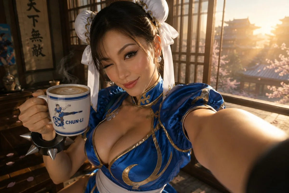 Chun-Li's Morning Coffee Selfie in Golden Sunrise Tea House
