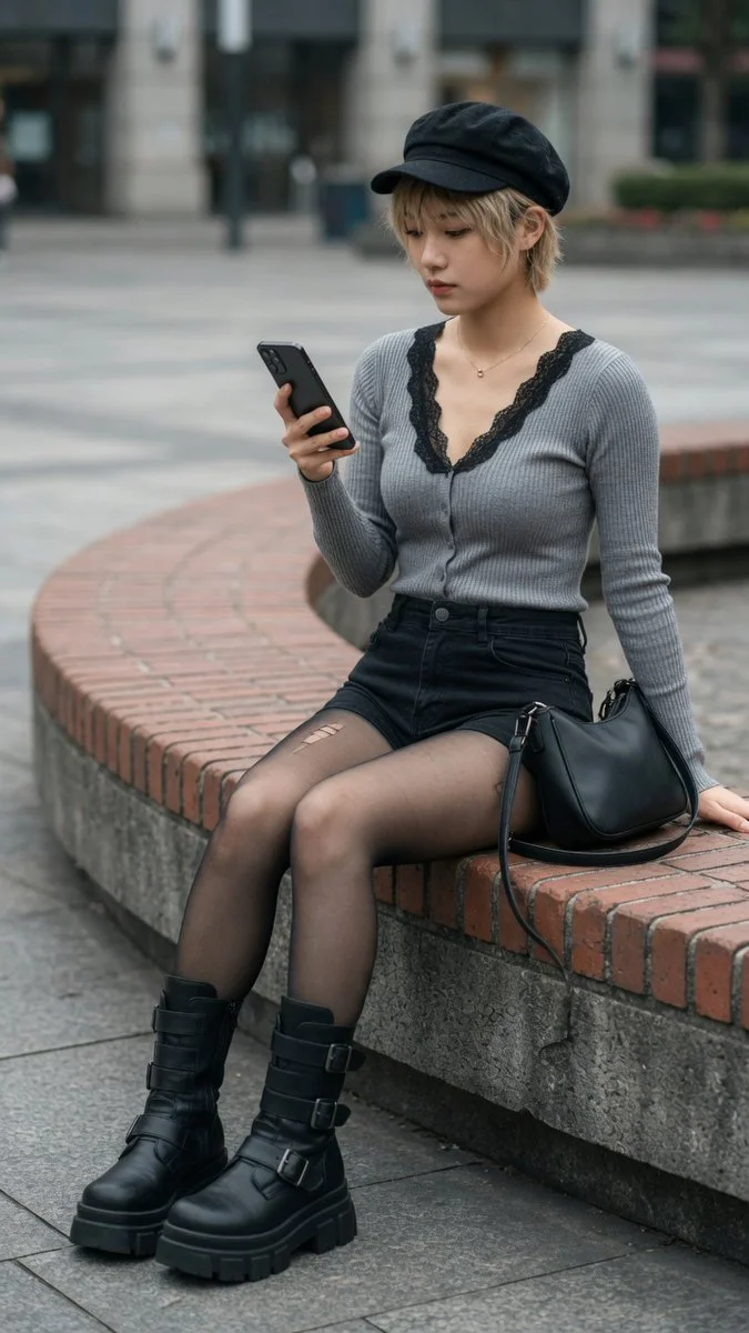 Chunky boots and torn pantyhose add edge to casual street style