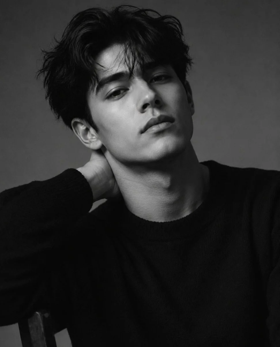 Cinematic black and white portrait of a contemplative young man.