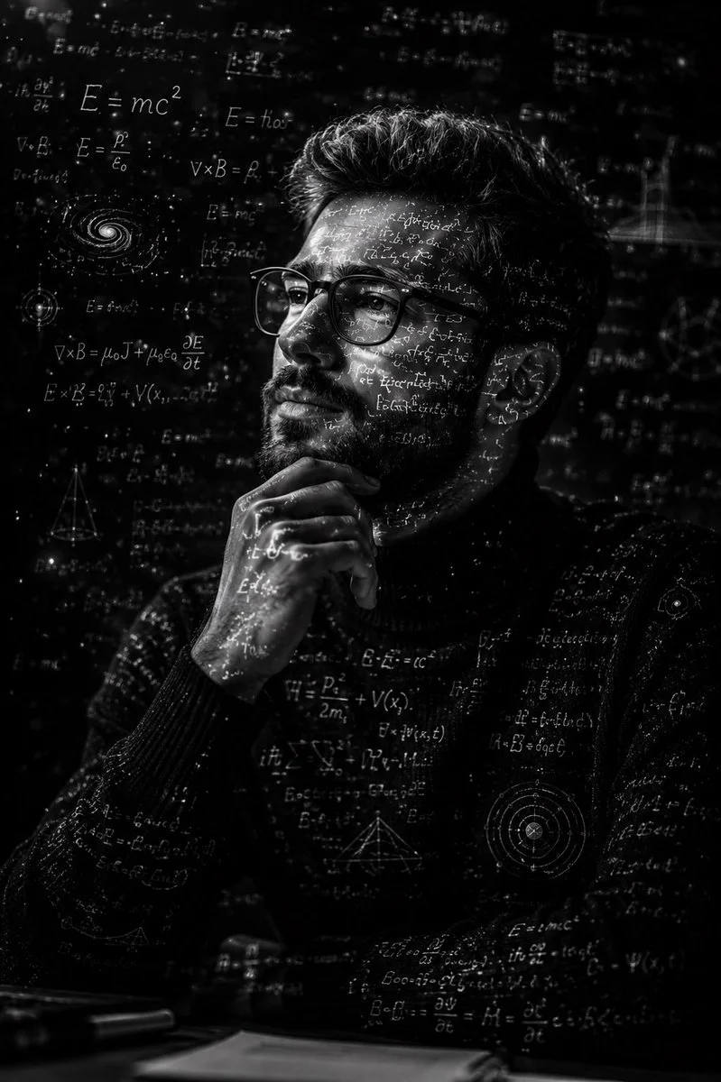 Cinematic Black-and-White Portrait with Scientific Elegance