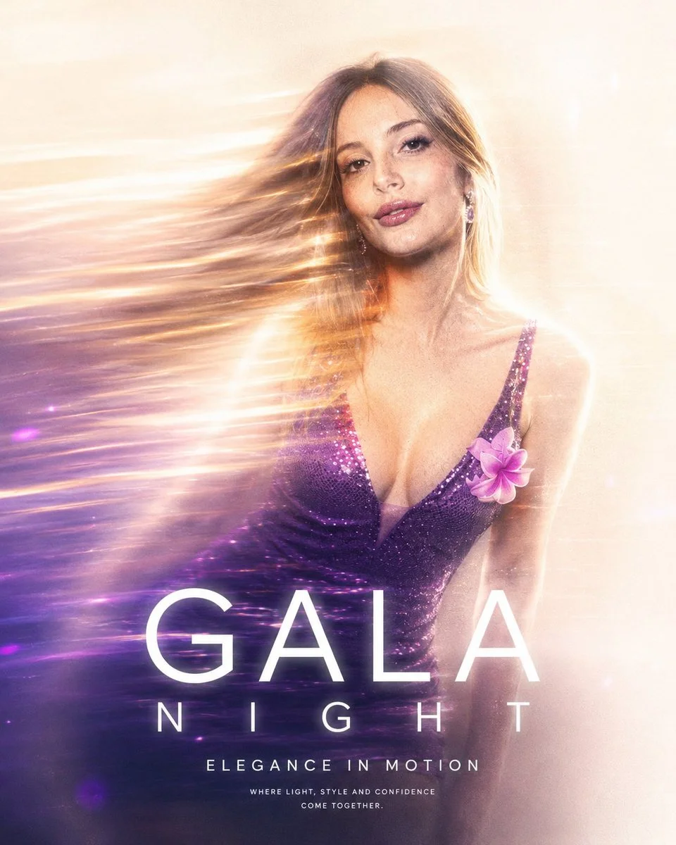 Cinematic blur captures a gala guest swept by flowing light