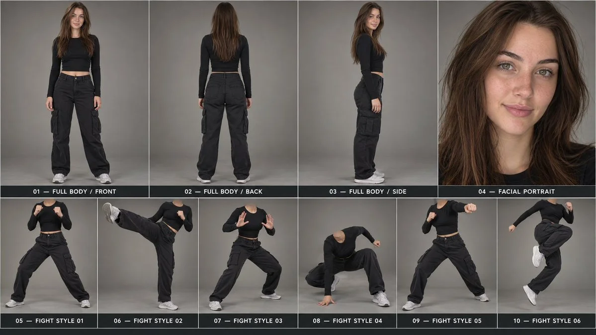 Cinematic character sheet showcases full body and fight poses
