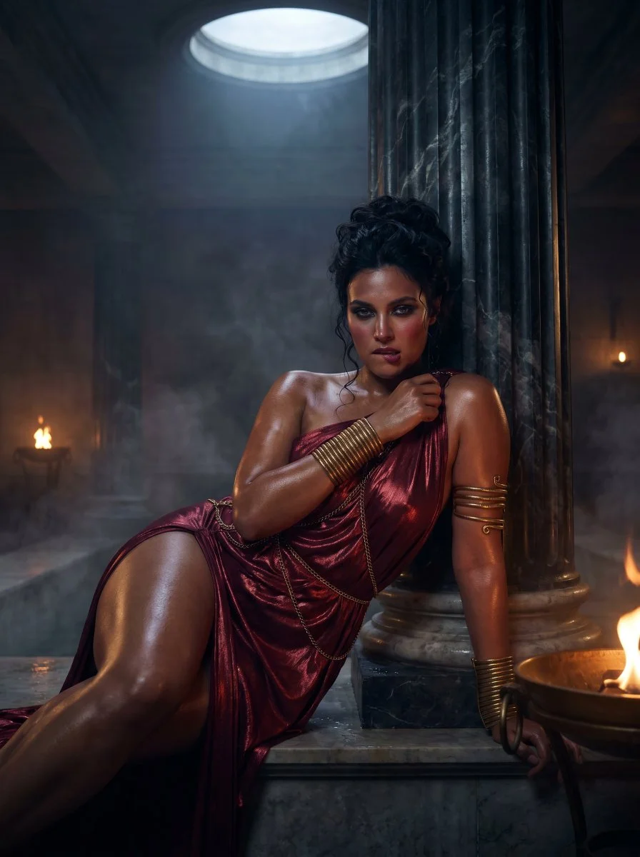 Cinematic chiaroscuro sculpts a Roman woman's golden curves