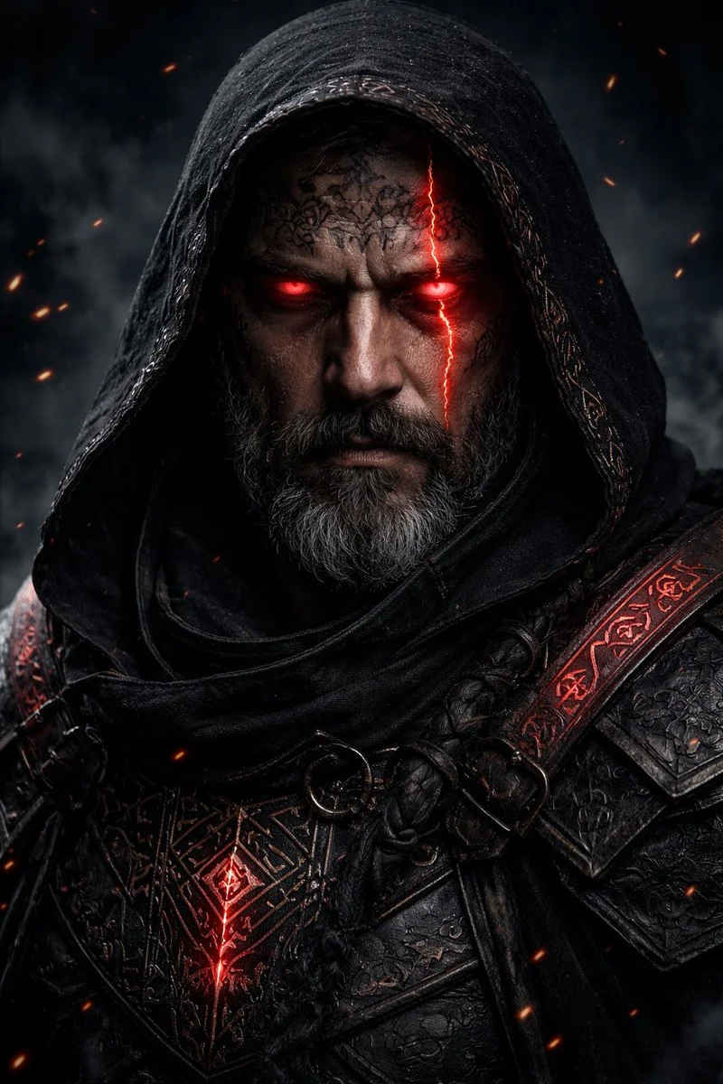 Cinematic Dark Mage with Red Energy Scar