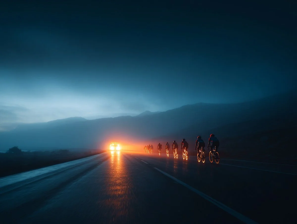 Cinematic Dawn Journey Through Foggy Mountain Pass