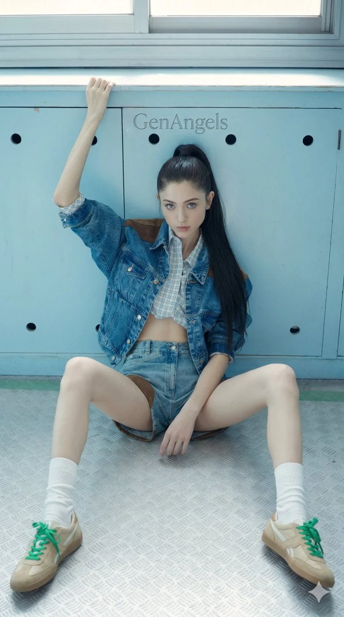 Cinematic Denim Elegance on Industrial Floor